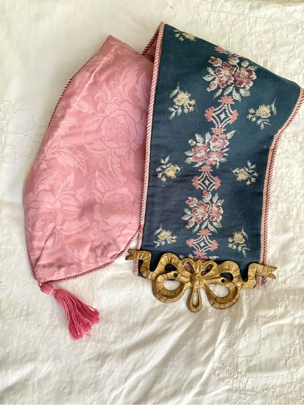 Vintage-Inspired Pink and Navy Floral Wall Hanging with Gold Accent